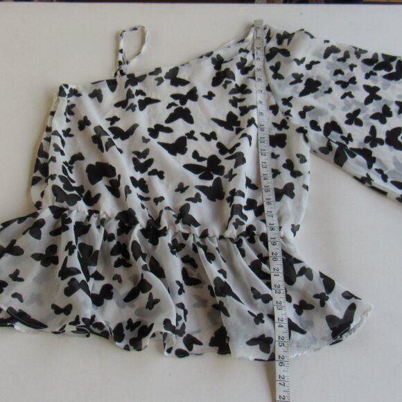 Cecio Women's White Black Butterfly Print One-Shoulder Blouse Top Size L - Picture 6 of 7